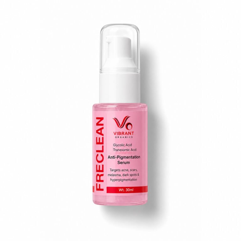 Vibrant Organics FRECLEAN Advanced Anti Pigmentation Serum with Glycolic Acid and Tranexamic Acid to help improve the appearance of dark spots, uneven skin tone, and skin texture.