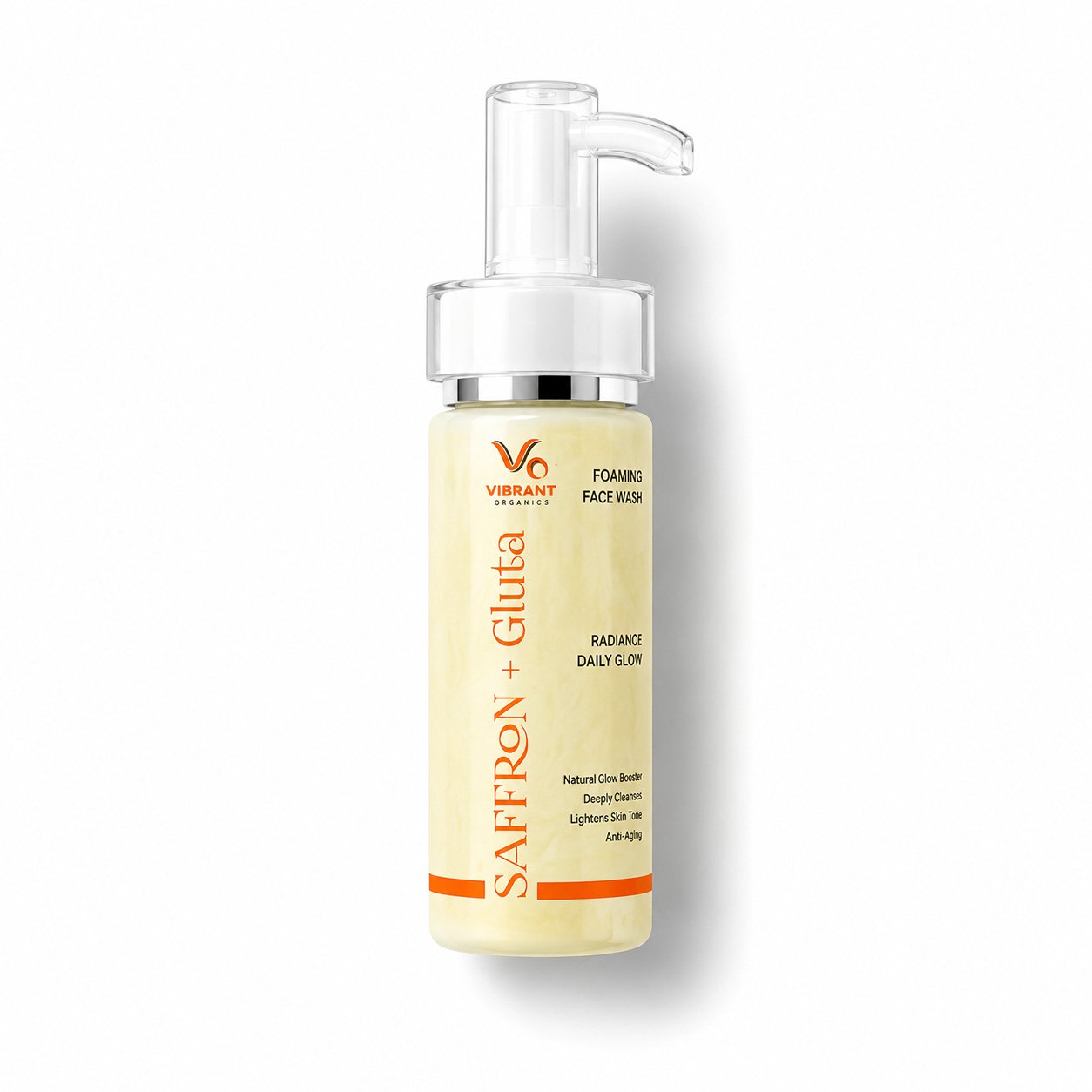 Saffron + Glutathione Face Wash Vibrant Organics Saffron + Glutathione Foaming Face Wash with Rice Extract, Niacinamide, Hyaluronic Acid, and Vitamin C for daily cleansing and brighter looking skin.