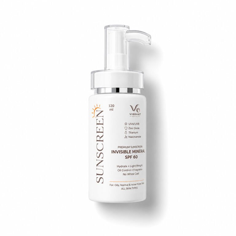 Vibrant Organics Ultra Defense Invisible Mineral Sunscreen SPF 60 with Zinc Oxide, Titanium Dioxide, Glutathione, and Niacinamide for broad spectrum daily sun protection.